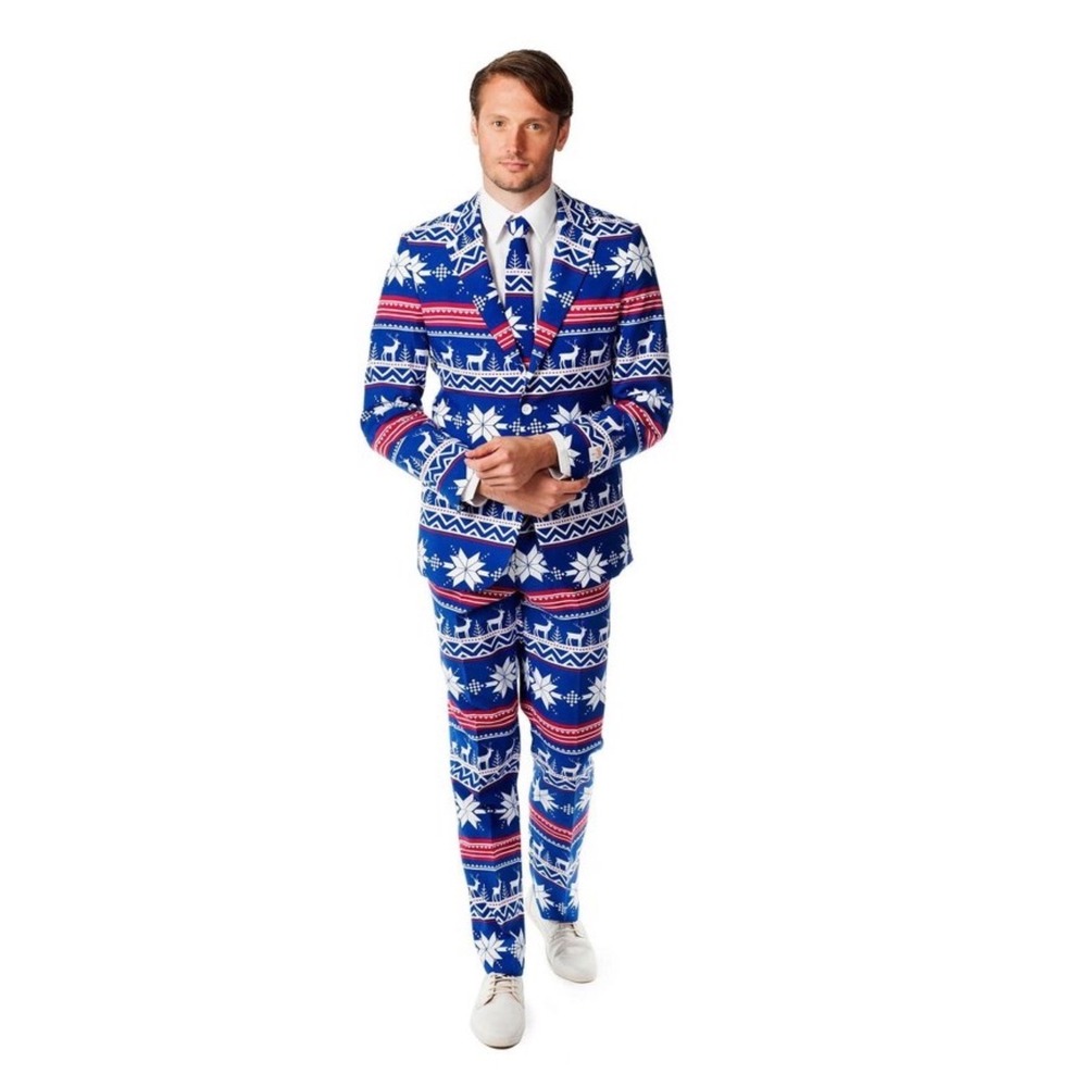 OppoSuits Mens Christmaster 3 Piece Suit Blue Red Fair Isle Reindeer US 52 XL